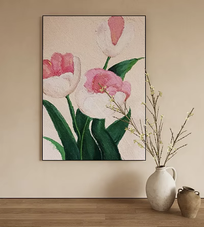 Abstract Painting of Pink and White Tulips with Green Leaves on Beige Background 3d model