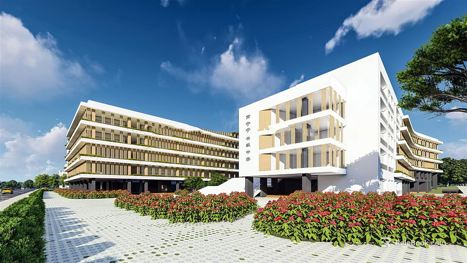 Modern School Campus With Multi Storey White Beige Buildings Greenery And Flower Beds 3d model 