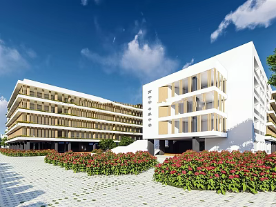 Modern School Campus With Multi Storey White Beige Buildings Greenery And Flower Beds 3d model