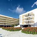Modern School Campus With Multi Storey White Beige Buildings Greenery And Flower Beds