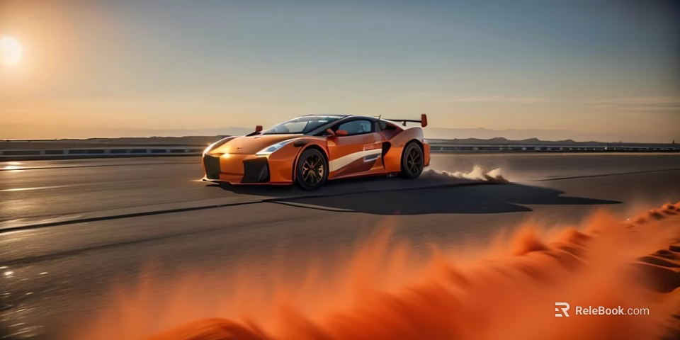 Orange High Performance Sports Car Speeding On Track With Dust Trail Under Sunset Sky 3d model 
