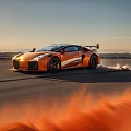 Orange High Performance Sports Car Speeding On Track With Dust Trail Under Sunset Sky