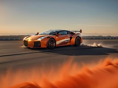 Orange High Performance Sports Car Speeding On Track With Dust Trail Under Sunset Sky 3d model
