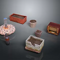 Vintage Scene Components With Patterned Base Red Container Clay Pot Checkerboard Box And Radio 3d model