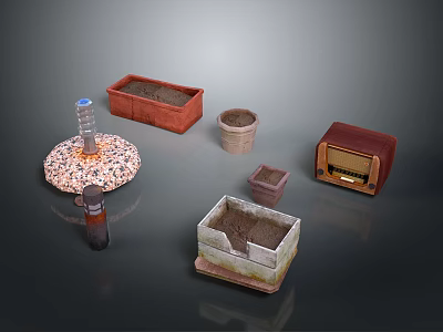 Vintage Scene Components With Patterned Base Red Container Clay Pot Checkerboard Box And Radio 3d model