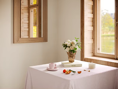 Elegant Decorative Ornament Set With Vase Flowers Cup Book And Fruits On Tablecloth By Window 3d model