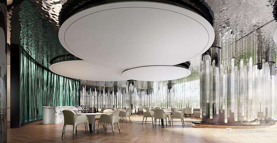 Modern Hotel Lobby Interior With Round Ceilings Beige Chairs And Wooden Floors 3d model 