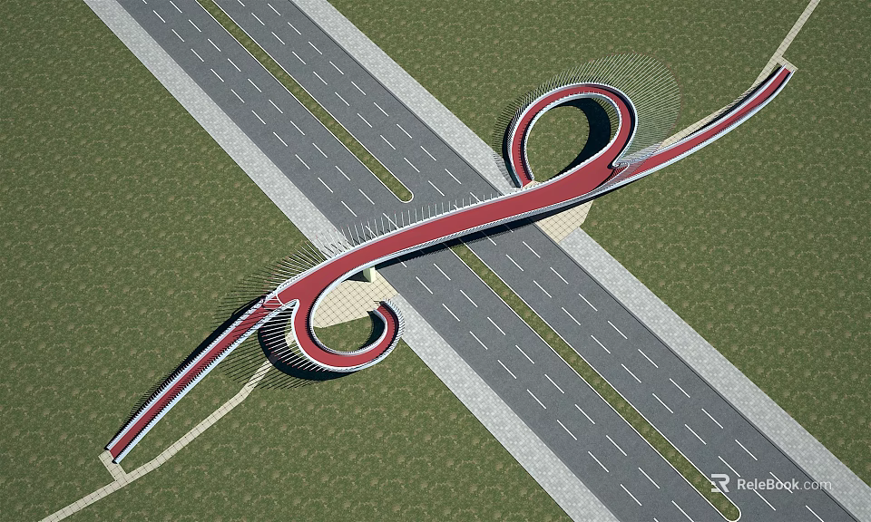 Modern Red Spiral Bridge Design Spanning Cross Roads Over Green Grass Field 3d model 