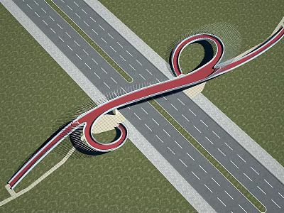Modern Red Spiral Bridge Design Spanning Cross Roads Over Green Grass Field 3d model