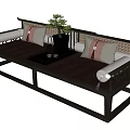 Chinese Style Multi Seater Sofa Featuring Wooden Frame Striped Cushions Coffee Table Vase And Plant