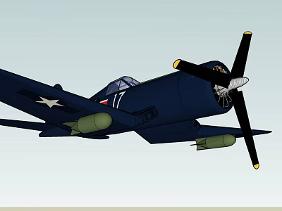 Dark Blue Fighter Jet With Propeller Star Insignia And Attached Bombs 3d model