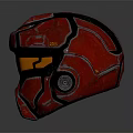 Futuristic Warrior Helmet In Red With Black Accents And Glowing Orange Visor