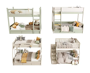 Modern Cream Wind Hop-up Bed High and Low Bed Burds Solid Wood Hop-up Bed Children Hop-up Bed Boy's Room Hop-down Bed Girls' Room Hop-down Bed 3d model