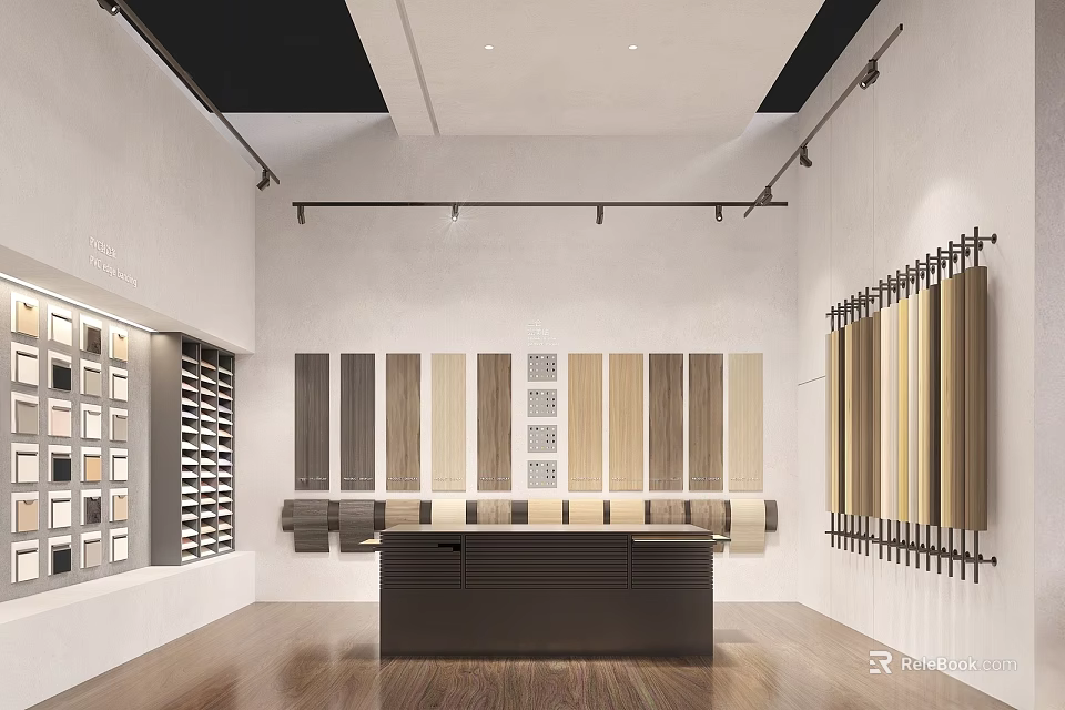 Material Showroom With Wall Mounted Color Texture Panels Central Dark Reception Desk And Wooden Flooring 3d model 