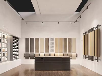 Material Showroom With Wall Mounted Color Texture Panels Central Dark Reception Desk And Wooden Flooring 3d model