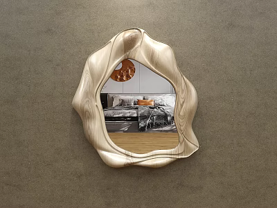 Irregular Curved Edge Mirror With Metallic Finish Reflecting Bedroom Interior On Gray Wall 3d model