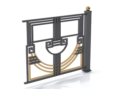 Elegant Traditional Chinese Fence With Black Frame Gold Accents And Top Golden Ornament 3d model