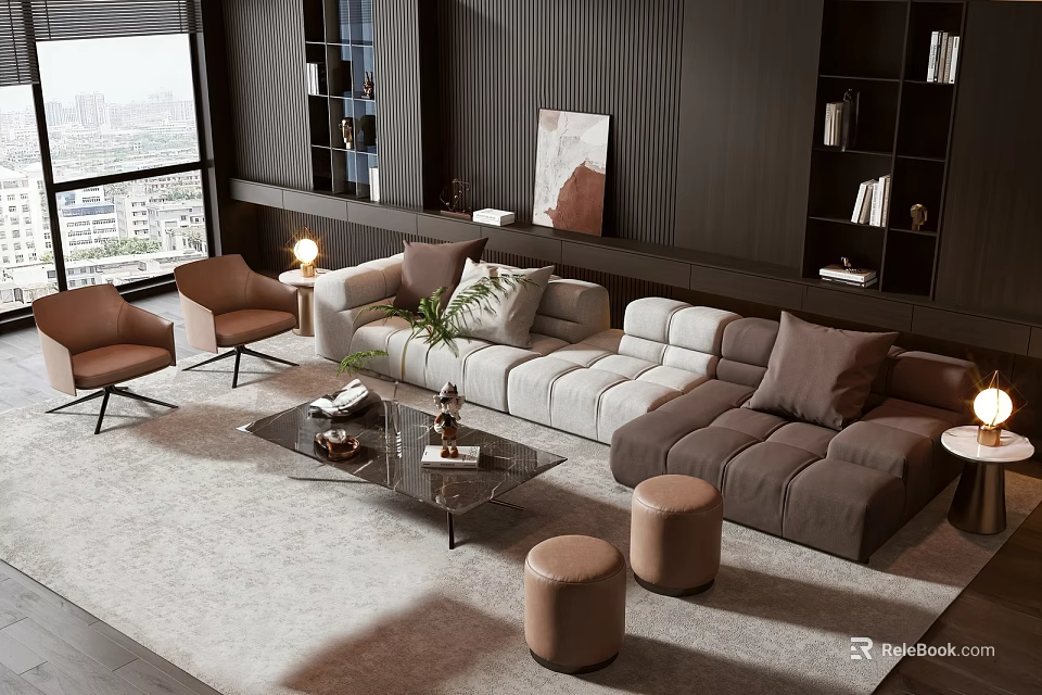 Modern Sofa and Coffee Table Set with Plush Cushions Glass Top and Decorative Plants 3d model 