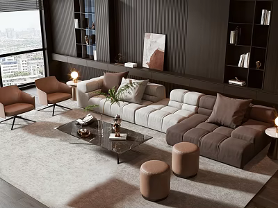 Modern Sofa and Coffee Table Set with Plush Cushions Glass Top and Decorative Plants 3d model