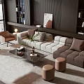 Modern Sofa and Coffee Table Set with Plush Cushions Glass Top and Decorative Plants