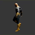 Muscular Superhero In Black Yellow Costume With Lightning Symbol On Chest Walking Against Gray Background