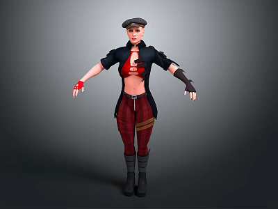 3D Female Character Wearing Beret Black Coat Red Crop Top Plaid Pants Black Boots Gloves 3d model