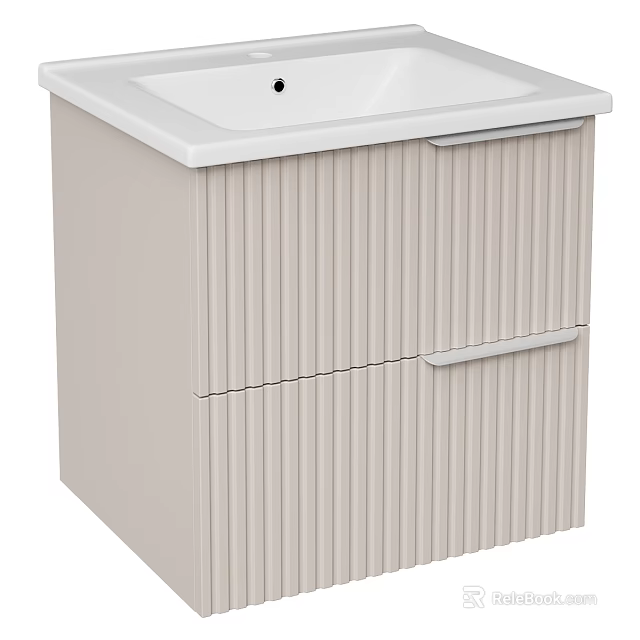 Modern Minimalist Washbasin Cabinet With Light Beige Fluted Design And Silver Handle Drawers 3d model 