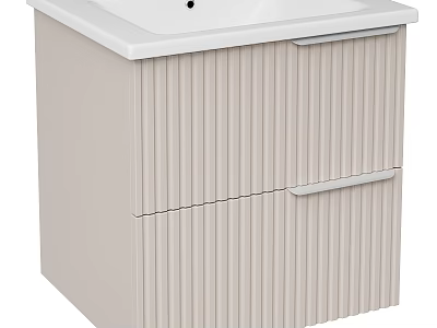 Modern Minimalist Washbasin Cabinet With Light Beige Fluted Design And Silver Handle Drawers 3d model