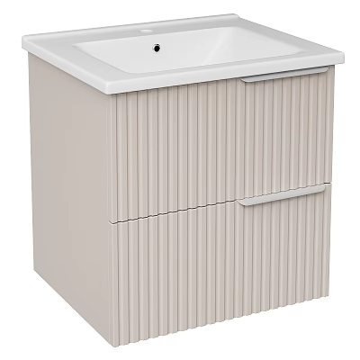 Modern Minimalist Washbasin Cabinet With Light Beige Fluted Design And Silver Handle Drawers 3d model