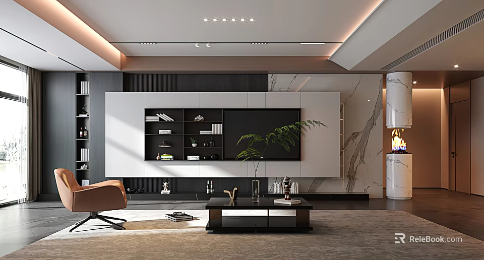 Modern Living Room Interior With TV Wall Unit Marble Fireplace Coffee Table And Green Plant 3d model 