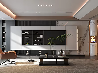 Modern Living Room Interior With TV Wall Unit Marble Fireplace Coffee Table And Green Plant 3d model