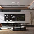 Modern Living Room Interior With TV Wall Unit Marble Fireplace Coffee Table And Green Plant