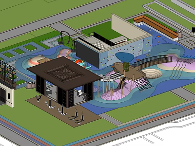 Children's Play Area With Colorful Play Surfaces Water Features And Shaded Pavilion 3d model
