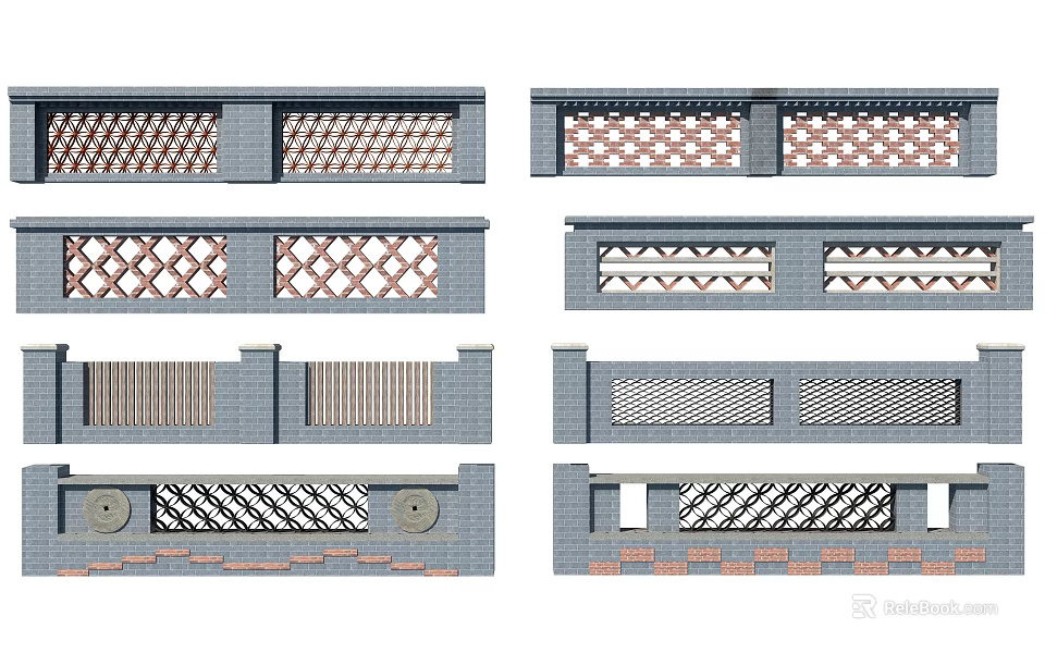 Building Exterior Wall Featuring Various Decorative Patterns Geometric Grilles And Brick Textures 3d model