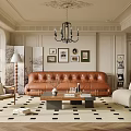 Elegant Living Room With Brown Leather Sofa Coffee Table Framed Art Chandelier And Geometric Rug