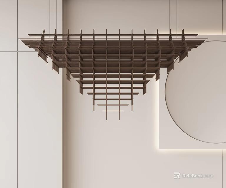 Modern Layered Wooden Chandelier in Minimalist Interior Space with White Walls and Circular Mirror 3d model 