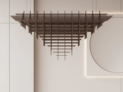 Modern Layered Wooden Chandelier in Minimalist Interior Space with White Walls and Circular Mirror 3d model