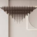 Modern Layered Wooden Chandelier in Minimalist Interior Space with White Walls and Circular Mirror