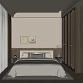 Minimalist Bedroom Interior With Beige Bedsheets Two Paintings Nightstands And Wooden Wardrobes
