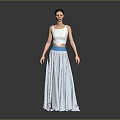Female Character Wearing White Top Silver Long Skirt And Blue Waistband Standing On Gray Background