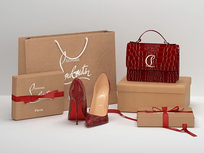 Luxury Package Boxes And Paper Bag With Red Handbag And Shoes 3d model