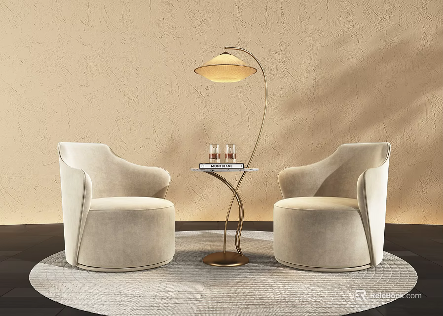 Beige Armchairs And Round Coffee Table With Floor Lamp On Circular Rug Against Textured Wall 3d model 