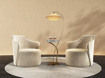 Beige Armchairs And Round Coffee Table With Floor Lamp On Circular Rug Against Textured Wall 3d model