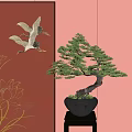 Bonsai Tree With Curved Branches In Black Pot On Red Background With White Cranes