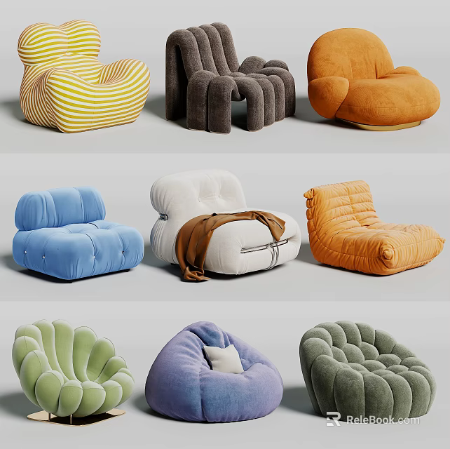 Stylish Lazy Sofa Collection with Various Colors and Soft Shapes for Home Living Room 3d model 