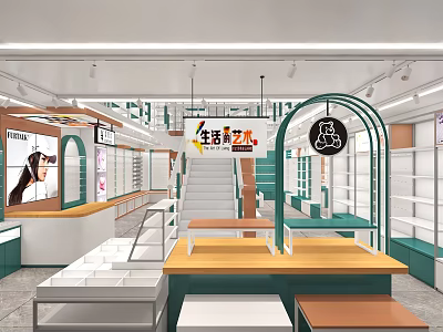 Modern Specialty Store Interior With Green Shelves Display Counters And Hanging Signs 3d model