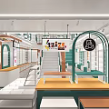 Modern Specialty Store Interior With Green Shelves Display Counters And Hanging Signs