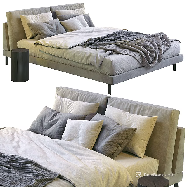 Modern Fabric Double Bed with Neutral Tones Pillows and Soft Cozy Blanket 3d model 