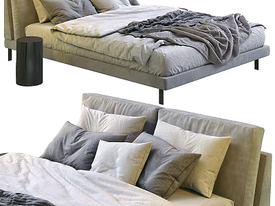 Modern Fabric Double Bed with Neutral Tones Pillows and Soft Cozy Blanket 3d model