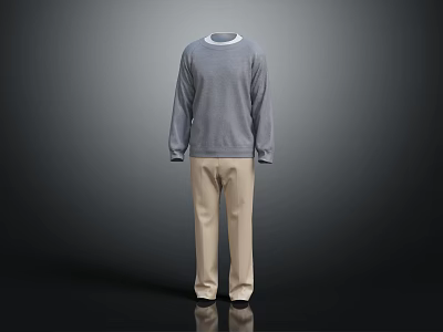 Gray Long Sleeve Crewneck Sweater with Beige Straight Leg Trousers Casual Outfit 3d model